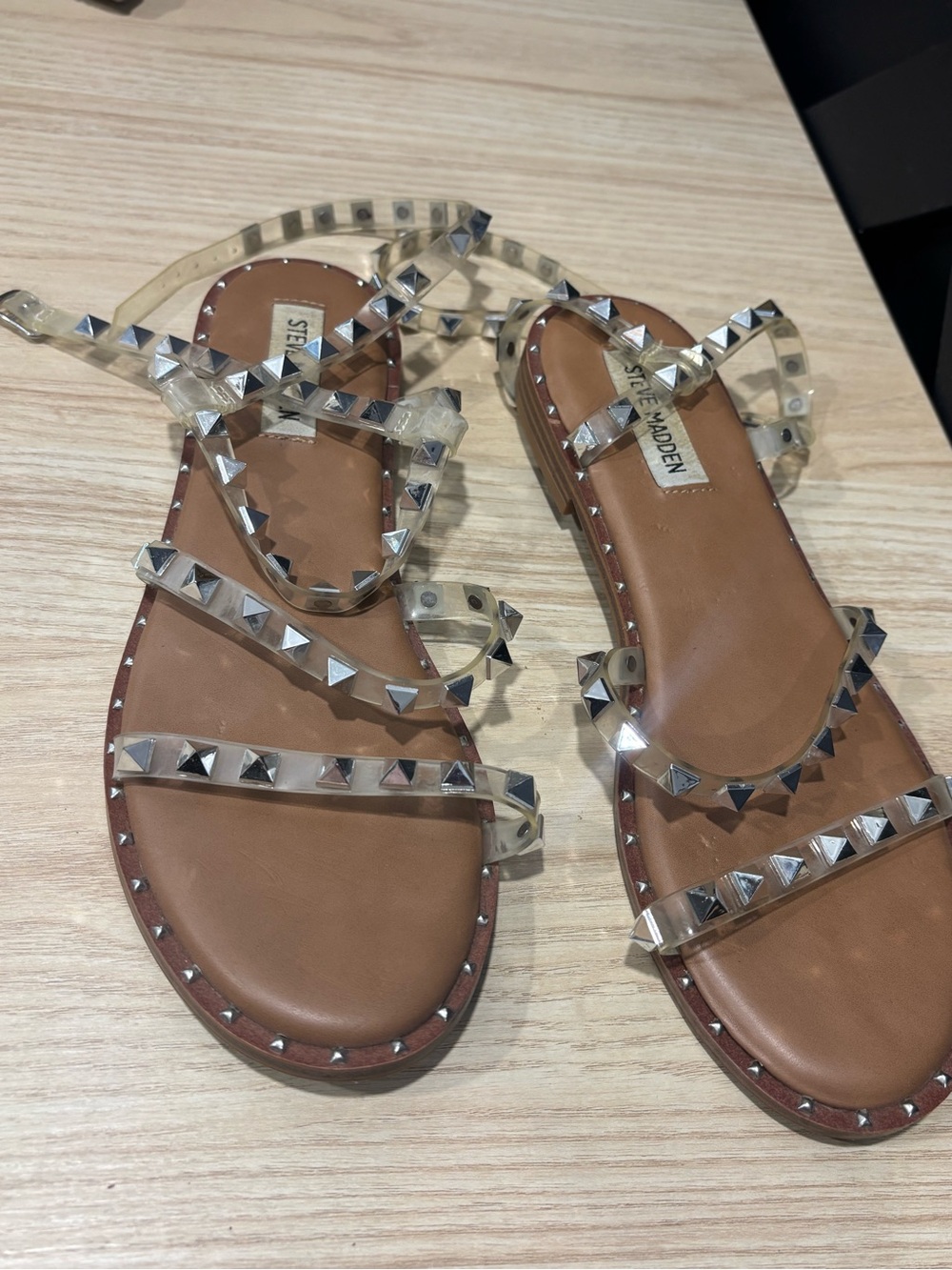 Steve Madden Clear Studded Strappy Sandals with Brown Footbed